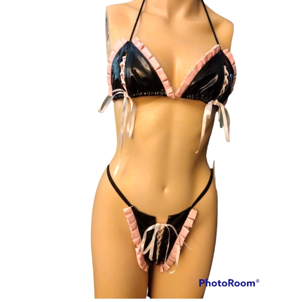 Vinyl Black/Pink Lace-Up Lingerie